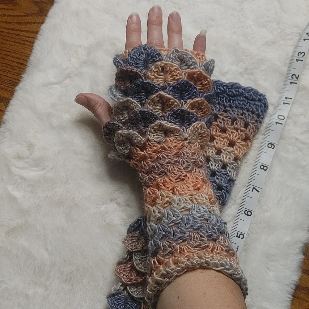 Handmade Dragonscale Fingerless Texting Gloves Armwarmers Wool Denim & Sand